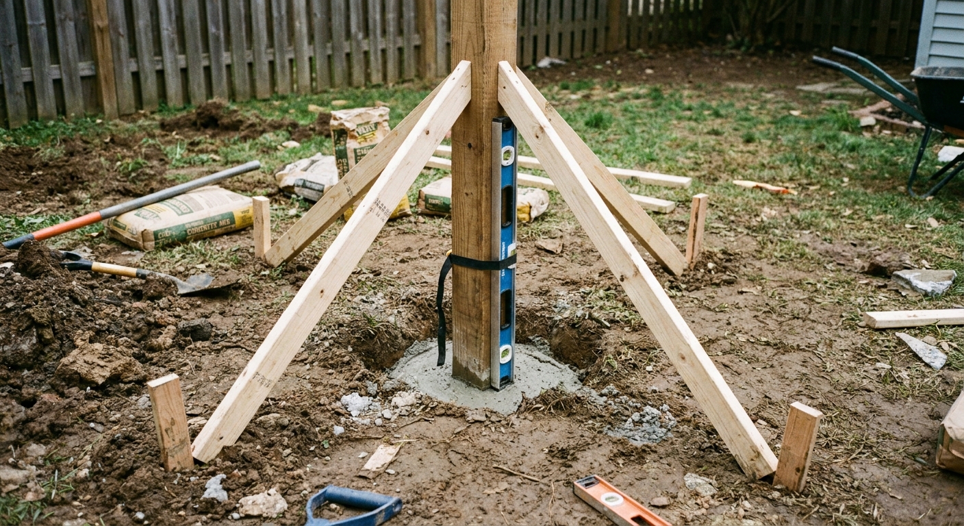 A real photo of a backyard fence hinge post braced plumb with temporary boards while fresh concrete sets in a hole at the base