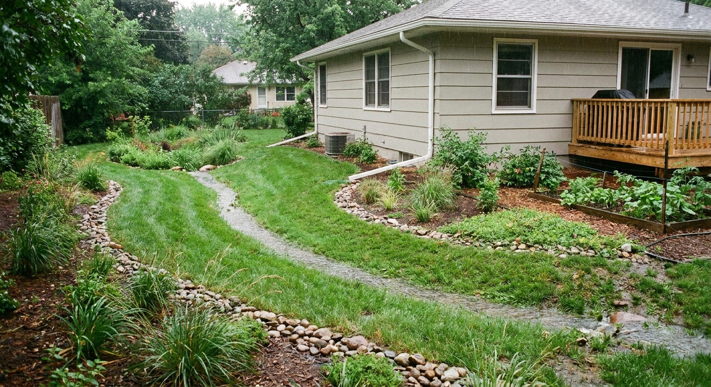 A real photo of a backyard with a subtle grassy swale curving away from a house, carrying rainwater toward a lower area