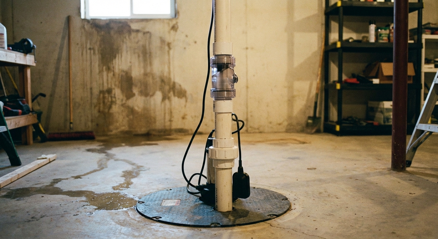 A real photo of a basement sump pump discharge setup with a vertical PVC pipe, a check valve, and a union fitting above a sump pit
