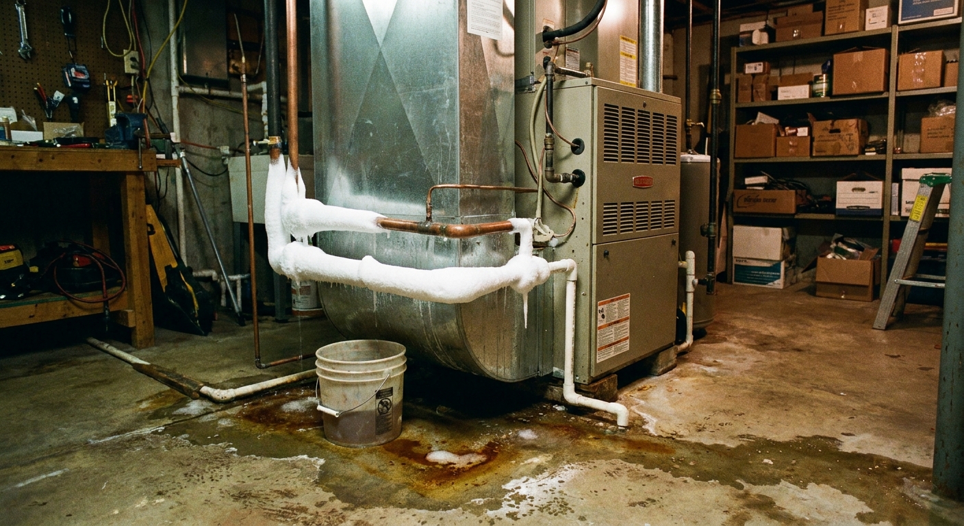 A real photo of a basement utility room showing an HVAC refrigerant line with visible frost and ice buildup near the indoor unit