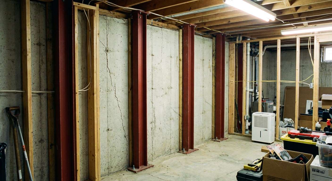 A real photo of a basement wall with vertical steel braces mounted against the foundation, anchored at the floor and joists, with unfinished framing visible