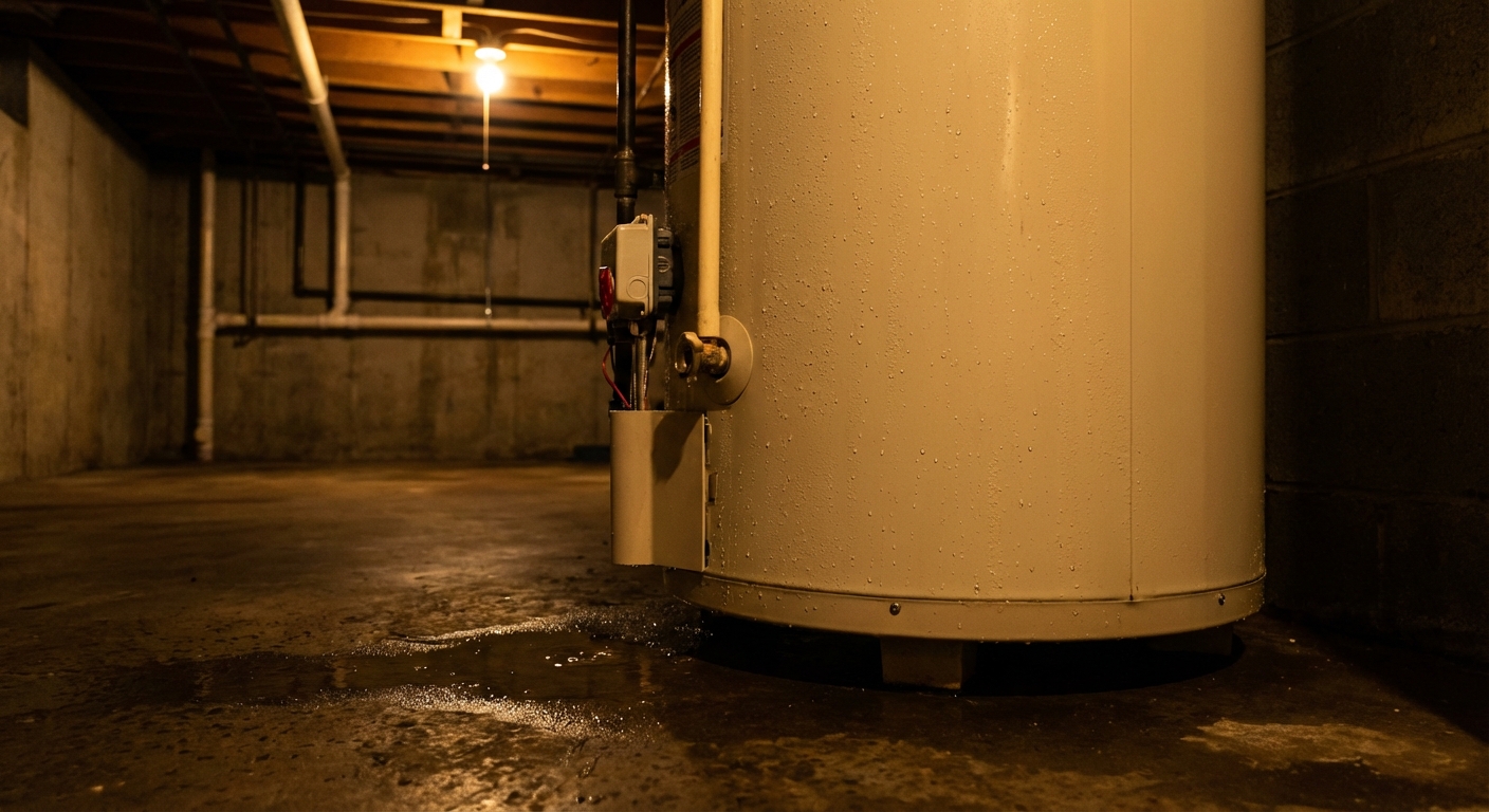 A real photo of a basement water heater with visible water droplets on the outside jacket and a slightly damp concrete floor beneath, soft indoor lighting, no text