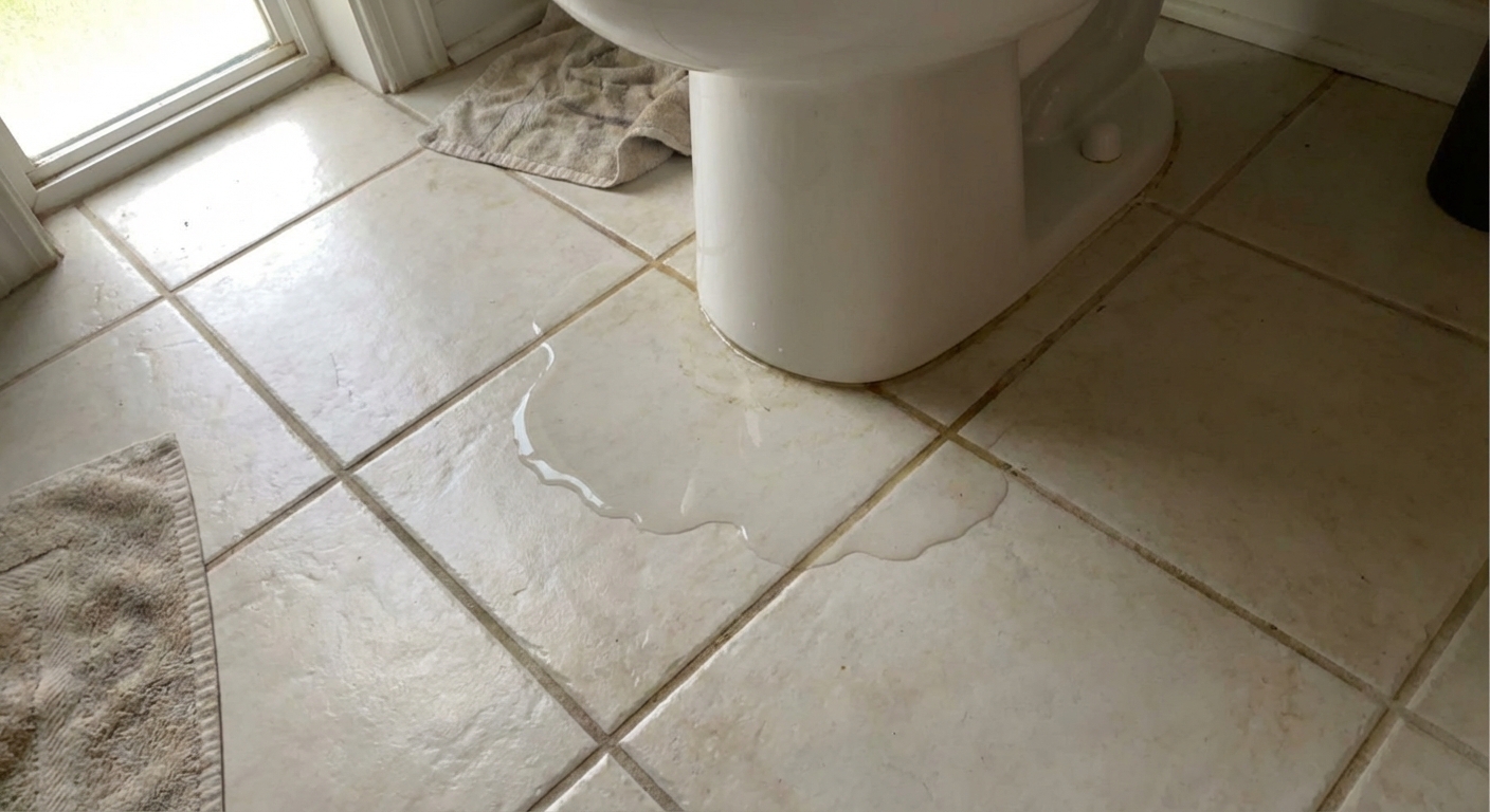A real photo of a bathroom floor with a small puddle of water pooled around the base of a toilet, natural indoor lighting, handheld homeowner perspective