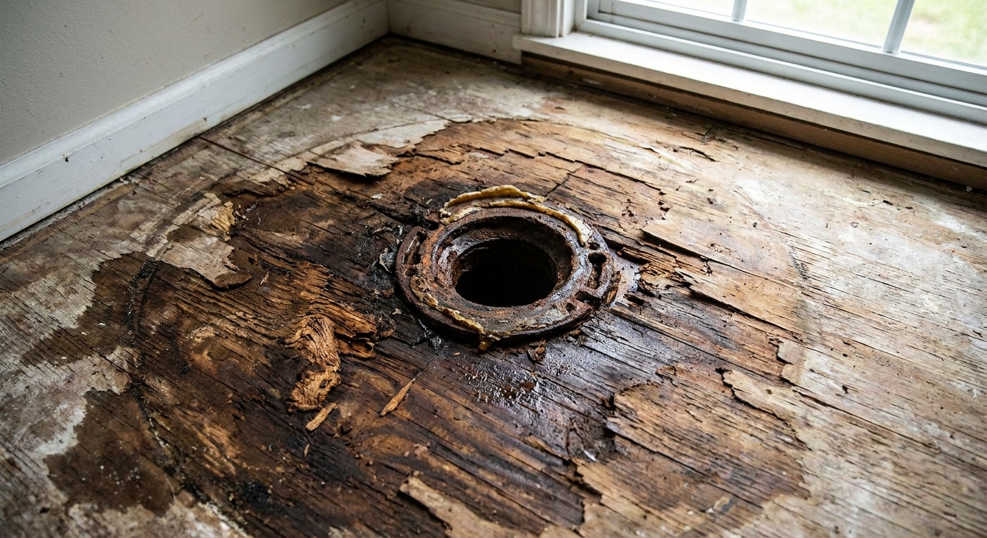 A real photo of a bathroom floor with a toilet removed, showing dark stained and softened subfloor plywood around the drain opening