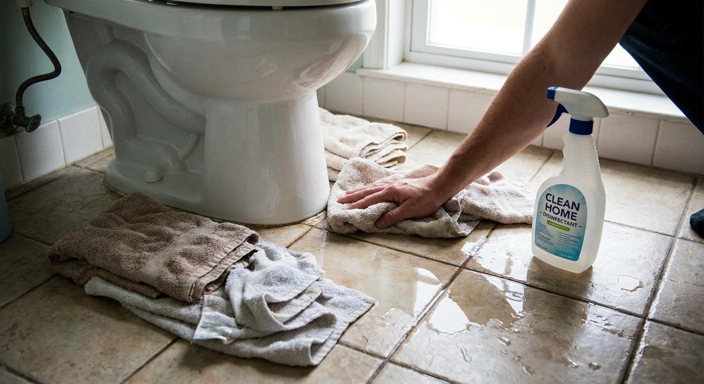 A real photo of a bathroom floor with towels placed around the base of a toilet as someone wipes up water with a disinfectant spray bottle nearby