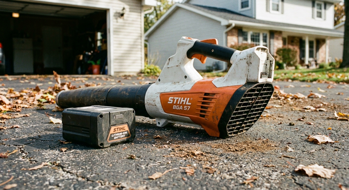 A real photo of a battery-powered leaf blower resting on a driveway with the battery pack removed