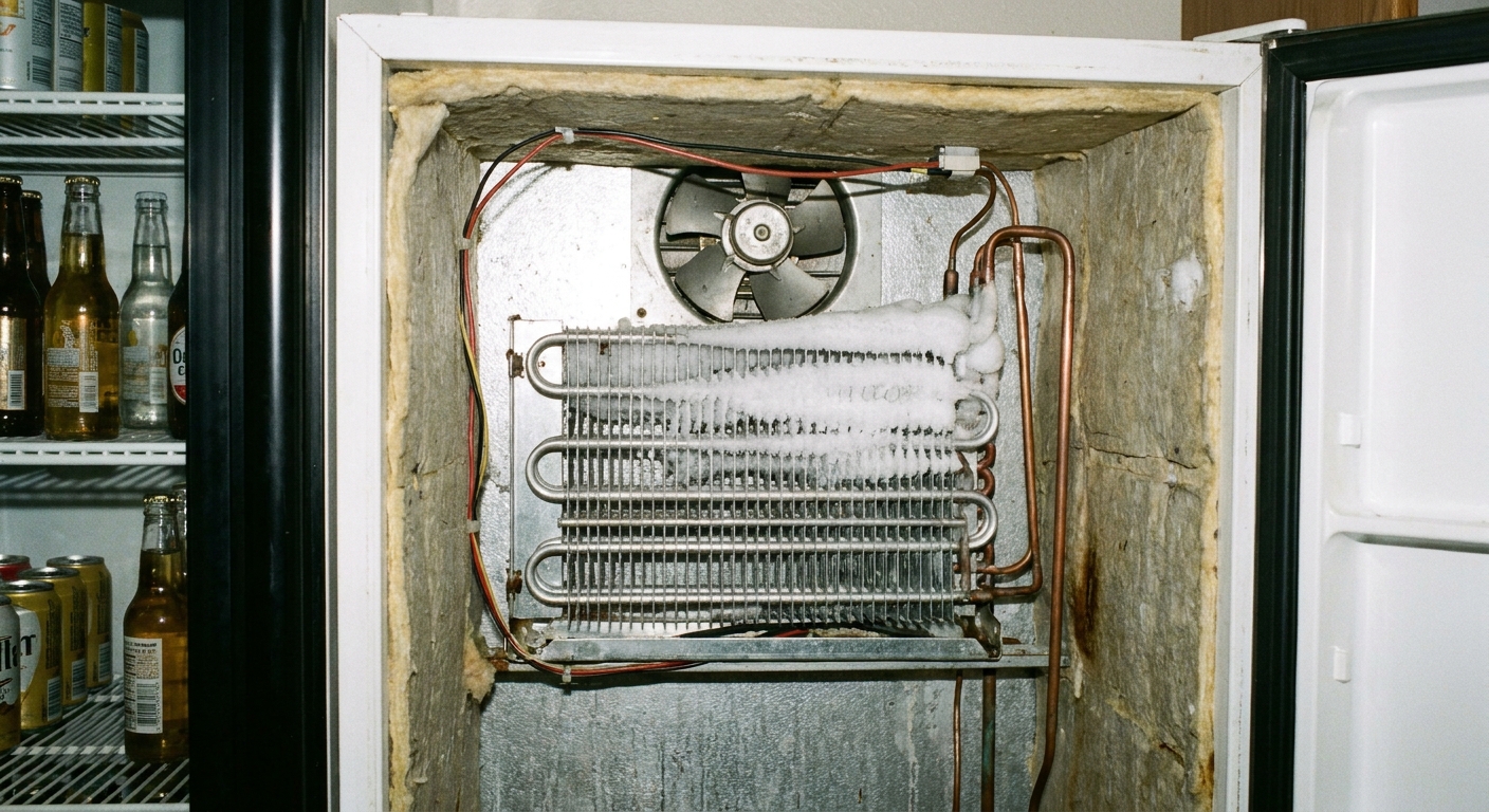 A real photo of a beverage fridge interior with the back panel removed, showing the evaporator fan and a light frost pattern on the coil