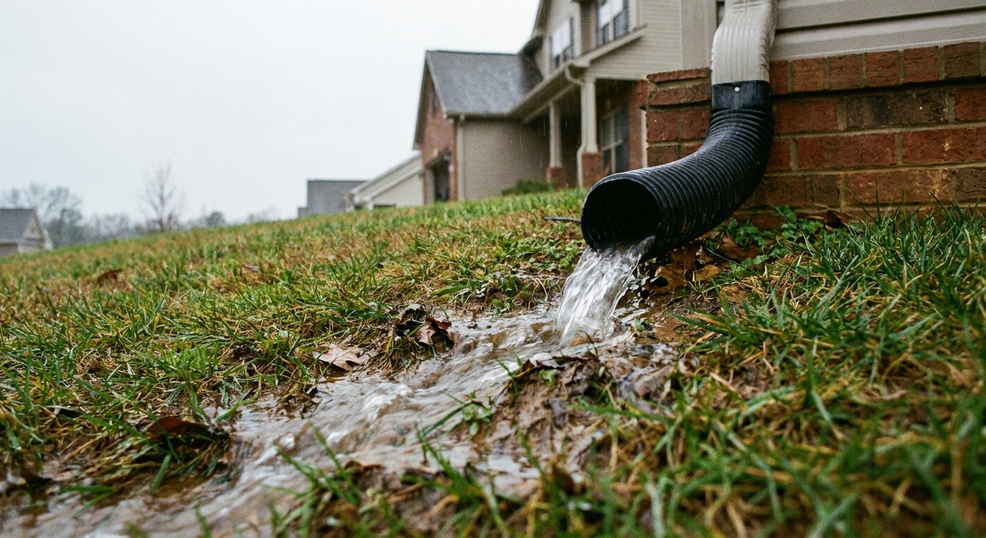 A real photo of a black downspout extension carrying roof water away from a house and discharging onto a lawn that slopes away from the foundation