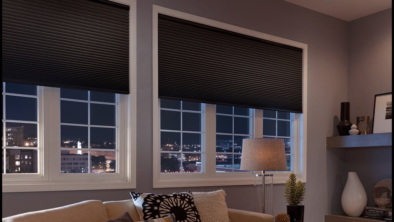 A real photo of a blackout cellular (honeycomb/beehive) shade installed on a bedroom window, with the shade fully lowered and the room noticeably darker