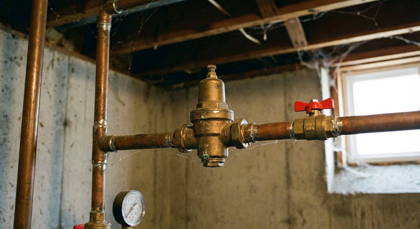 A real photo of a brass pressure reducing valve installed on a main water line in a basement, with copper pipes and a shutoff valve nearby