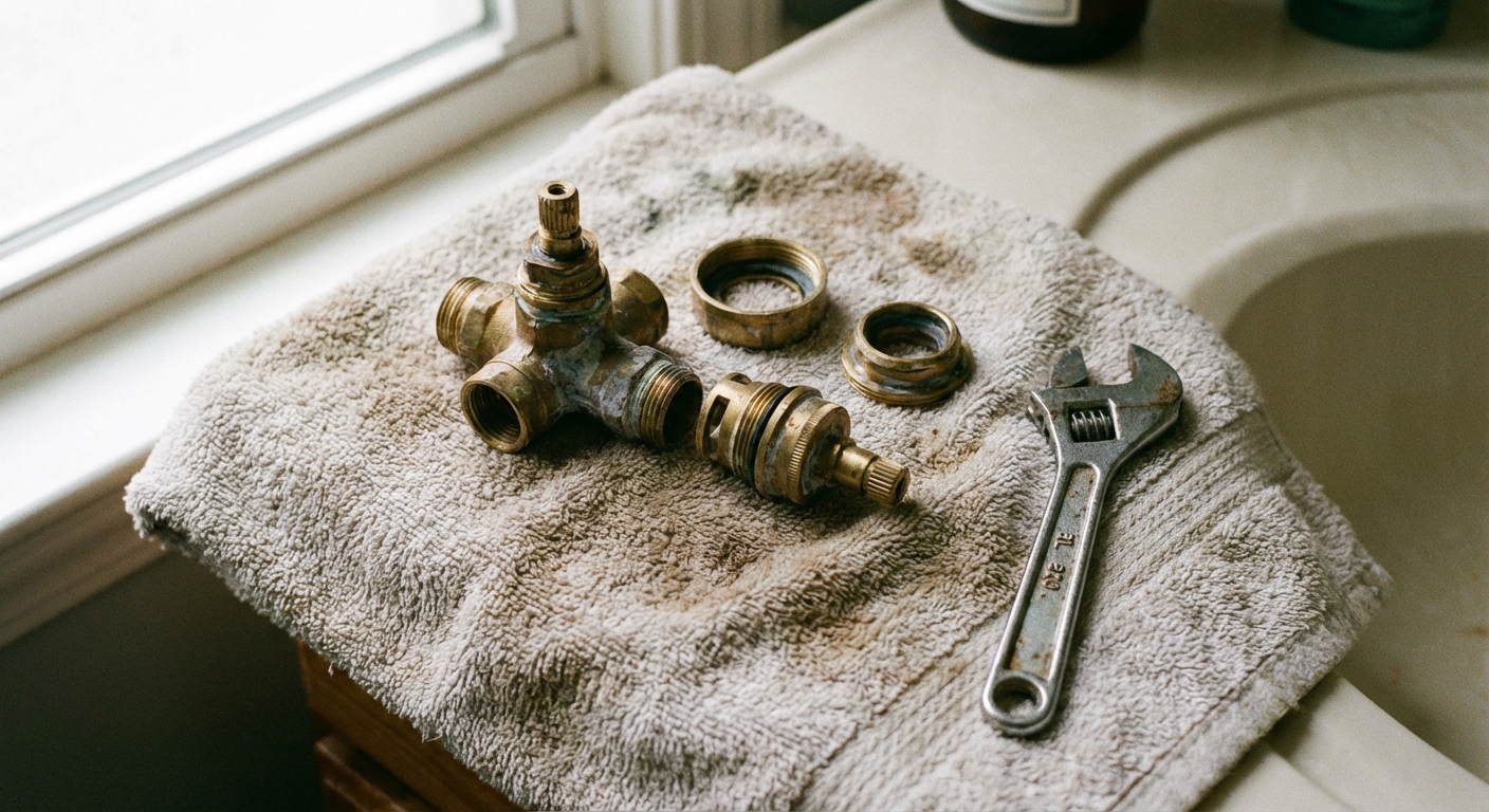 A real photo of a brass shower valve stem assembly removed and resting on a towel next to a small adjustable wrench