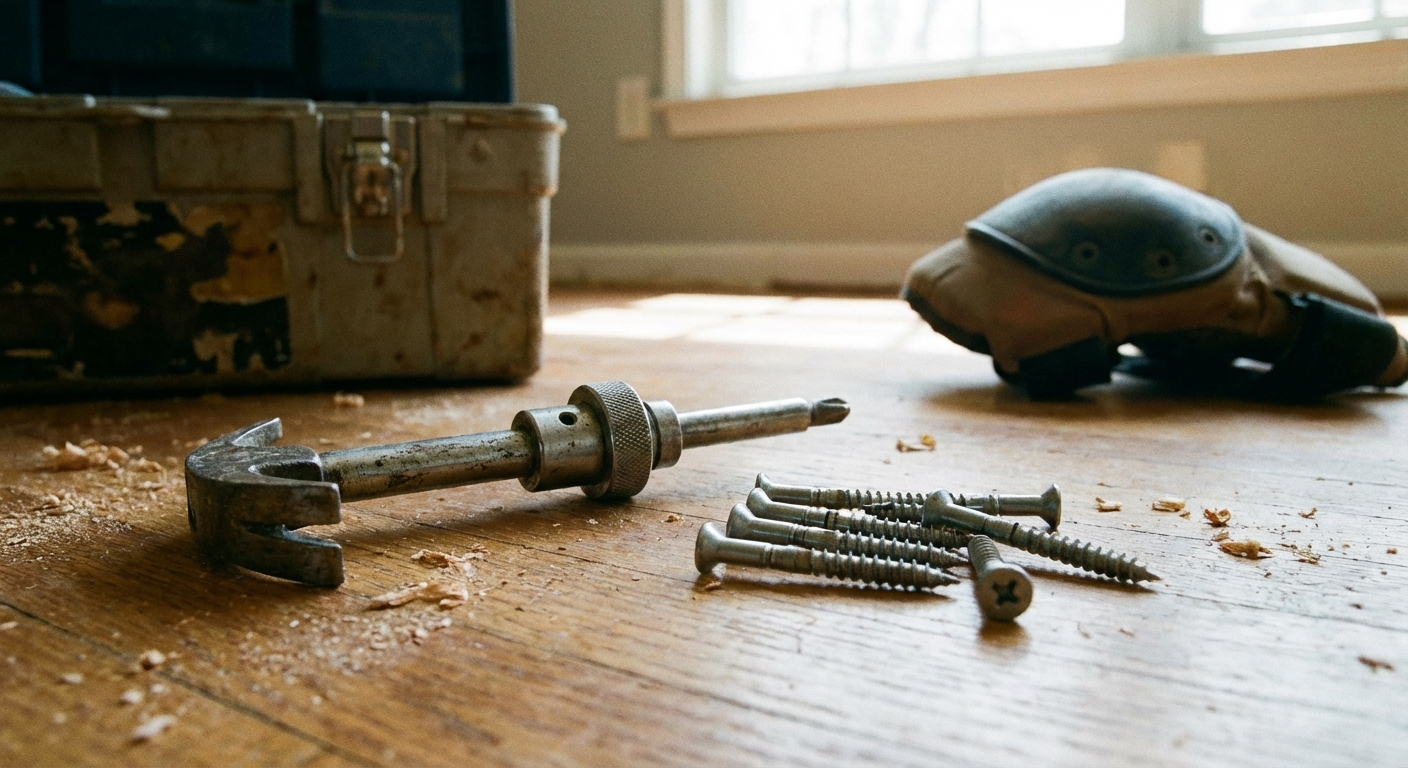 A real photo of a breakaway floor screw kit tool placed on a hardwood floor next to a small pile of specialized screws