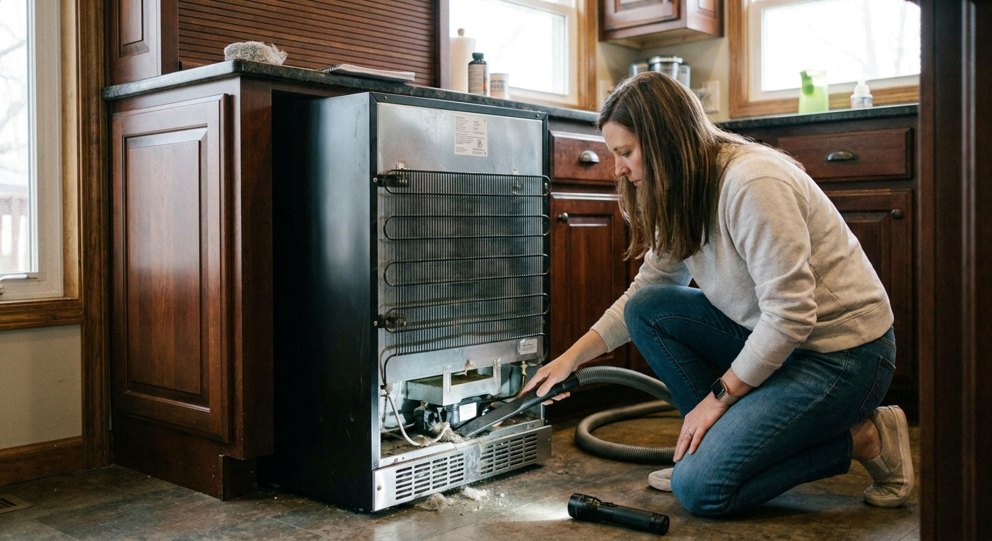 A real photo of a built-in beverage fridge pulled slightly forward from a kitchen cabinet while a homeowner vacuums dust from the lower front grille and condenser area