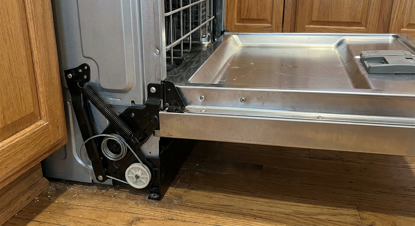 A real photo of a built-in dishwasher pulled slightly out from the cabinet, showing the lower side area where the hinge spring and cable route near the floor