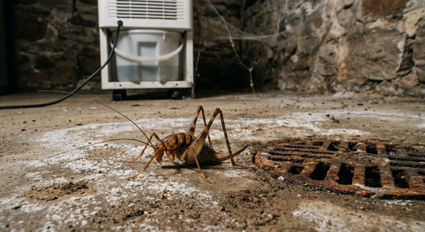 A real photo of a camel cricket sitting on a damp concrete basement floor near a floor drain, with a dehumidifier visible in the background