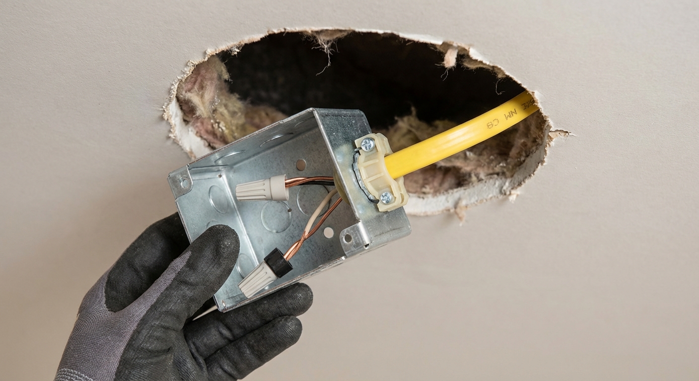 A real photo of a canless recessed wafer LED junction box held above an open ceiling cutout with NM cable entering through a clamp, close-up