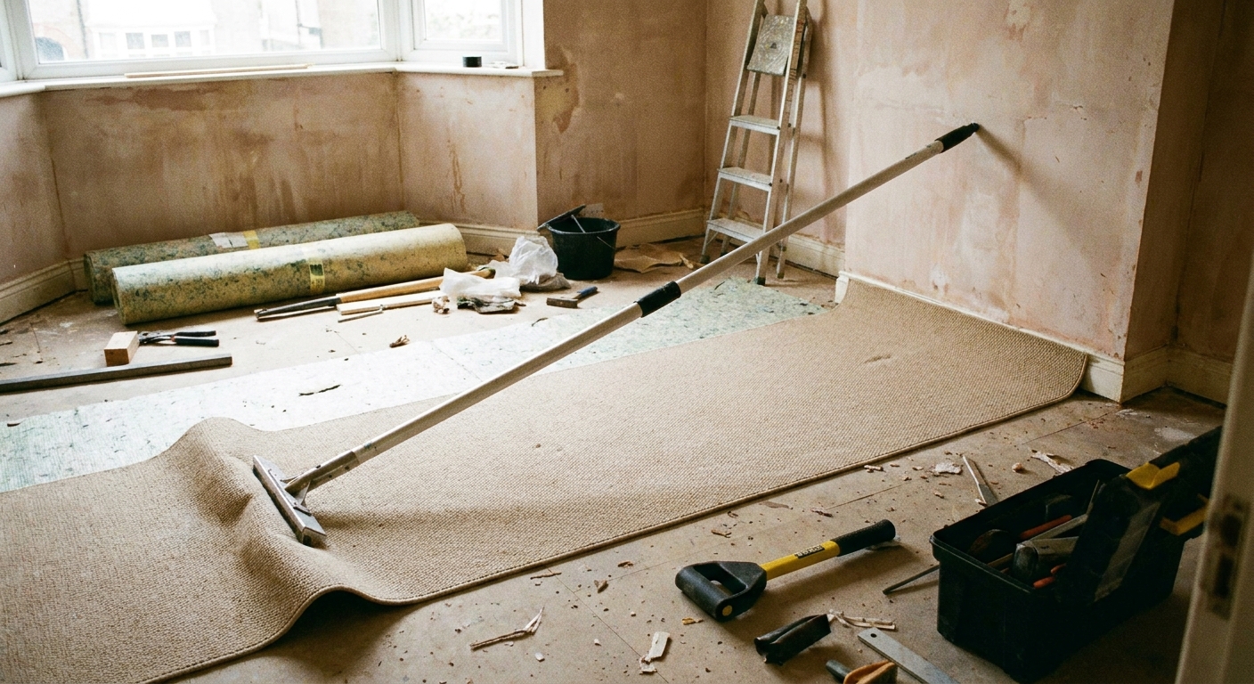 A real photo of a carpet power stretcher set up across a bedroom floor with the pole braced to a wall, mid-renovation scene