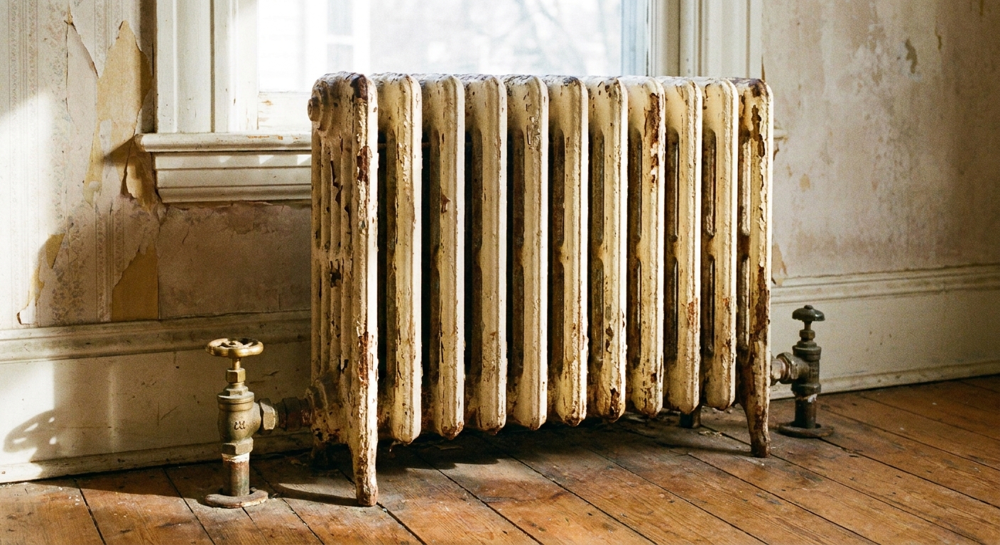A real photo of a cast iron radiator with two pipes connected at the bottom, showing a supply valve on one side and a return connection on the other, in an older home