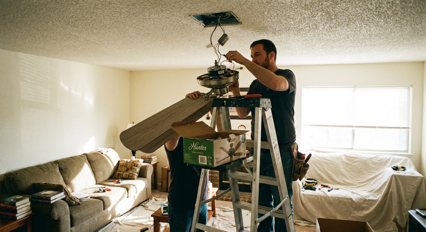 A real photo of a ceiling fan being installed in a living room with a ladder positioned under the ceiling electrical box