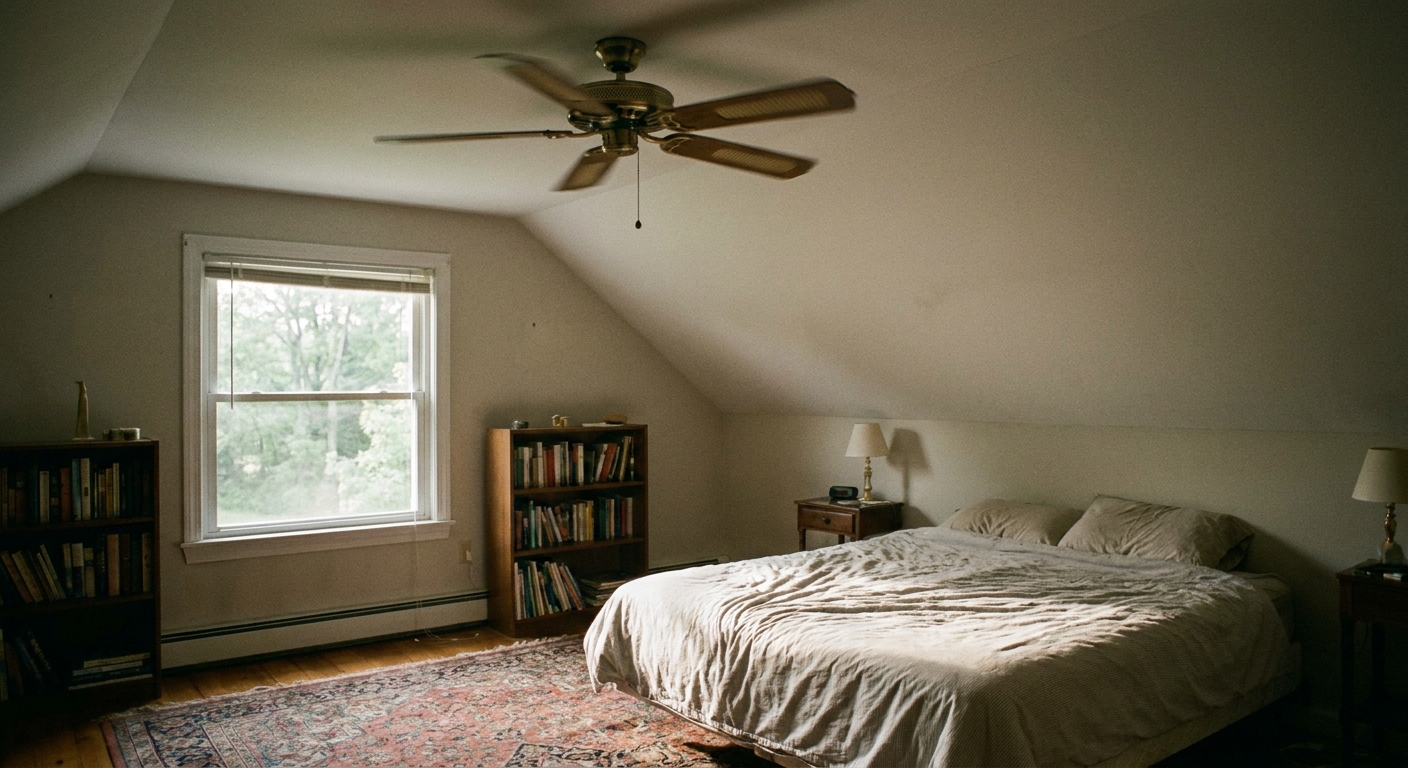A real photo of a ceiling fan spinning in a second-floor bedroom with soft daylight coming through a window