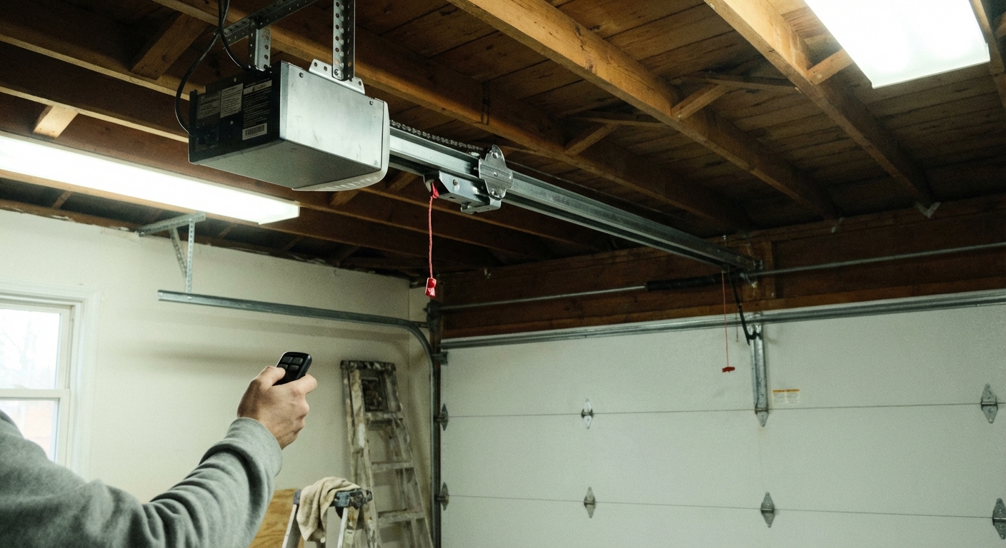 A real photo of a ceiling-mounted garage door opener with the chain drive and trolley visible, taken from below in a residential garage with soft indoor lighting