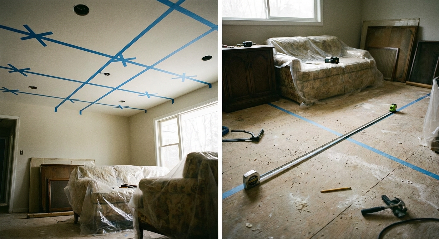 A real photo of a ceiling with painter's tape marks and a tape measure laid out on the floor, showing planned recessed light center points in a living room before cutting