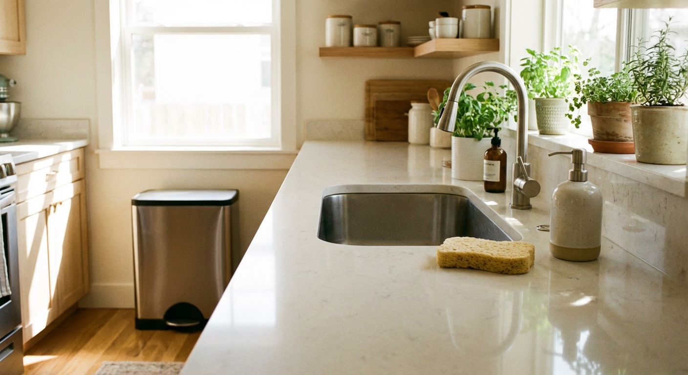 A real photo of a clean kitchen counter next to a sink with a sponge and a closed trash can in the background, bright natural light, photorealistic
