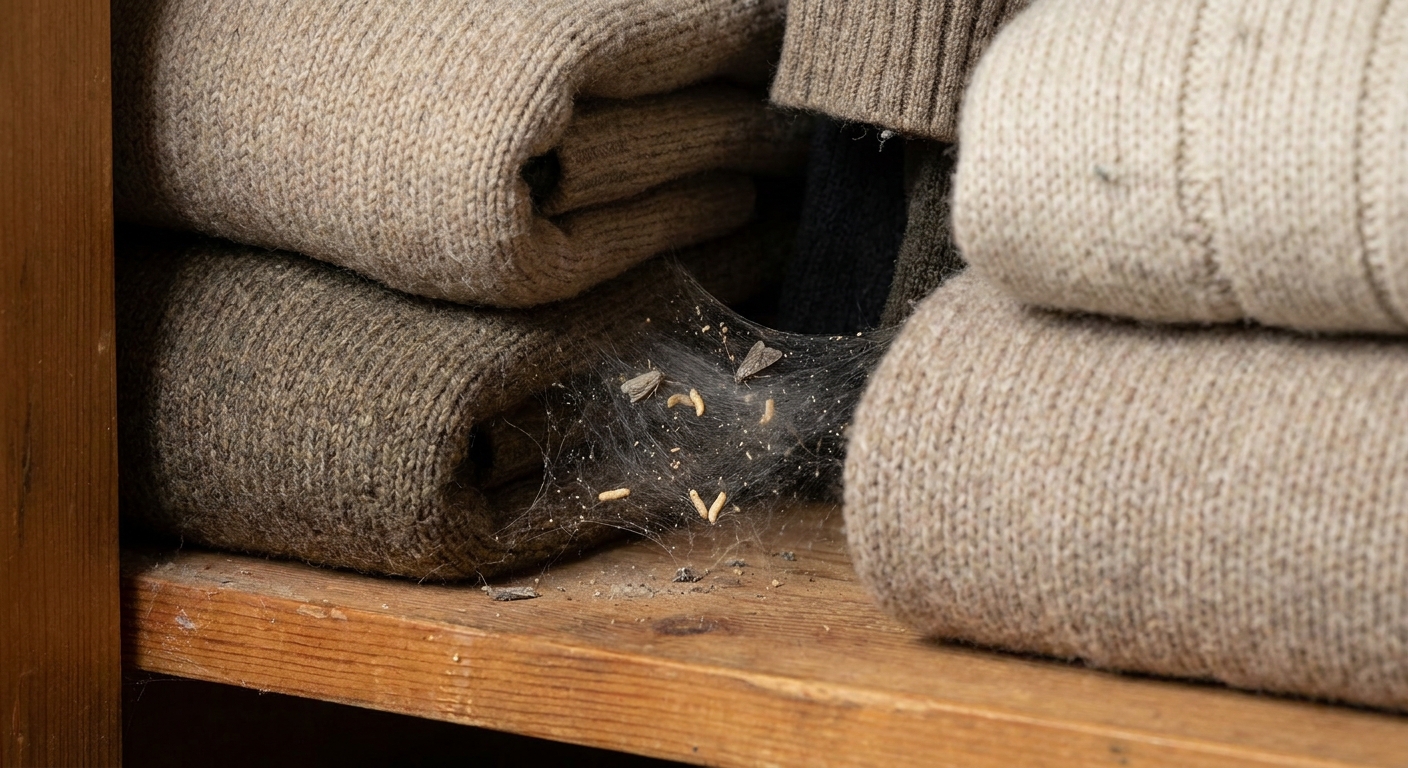 A real photo of a closet shelf with wool sweaters and a small patch of silky webbing near the corner where clothes moth larvae have been active