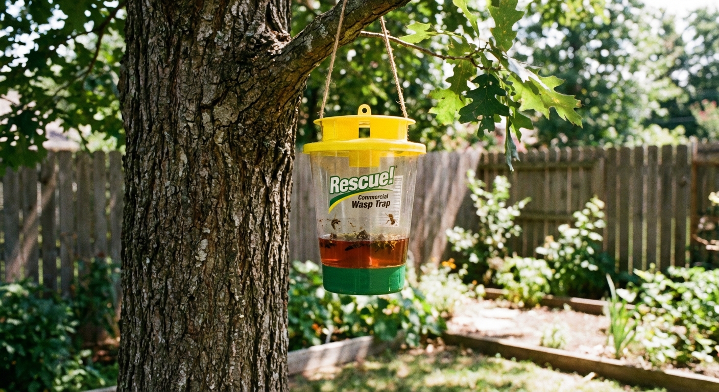 A real photo of a commercial wasp trap hanging from a tree branch in a backyard, with a small amount of bait liquid visible inside