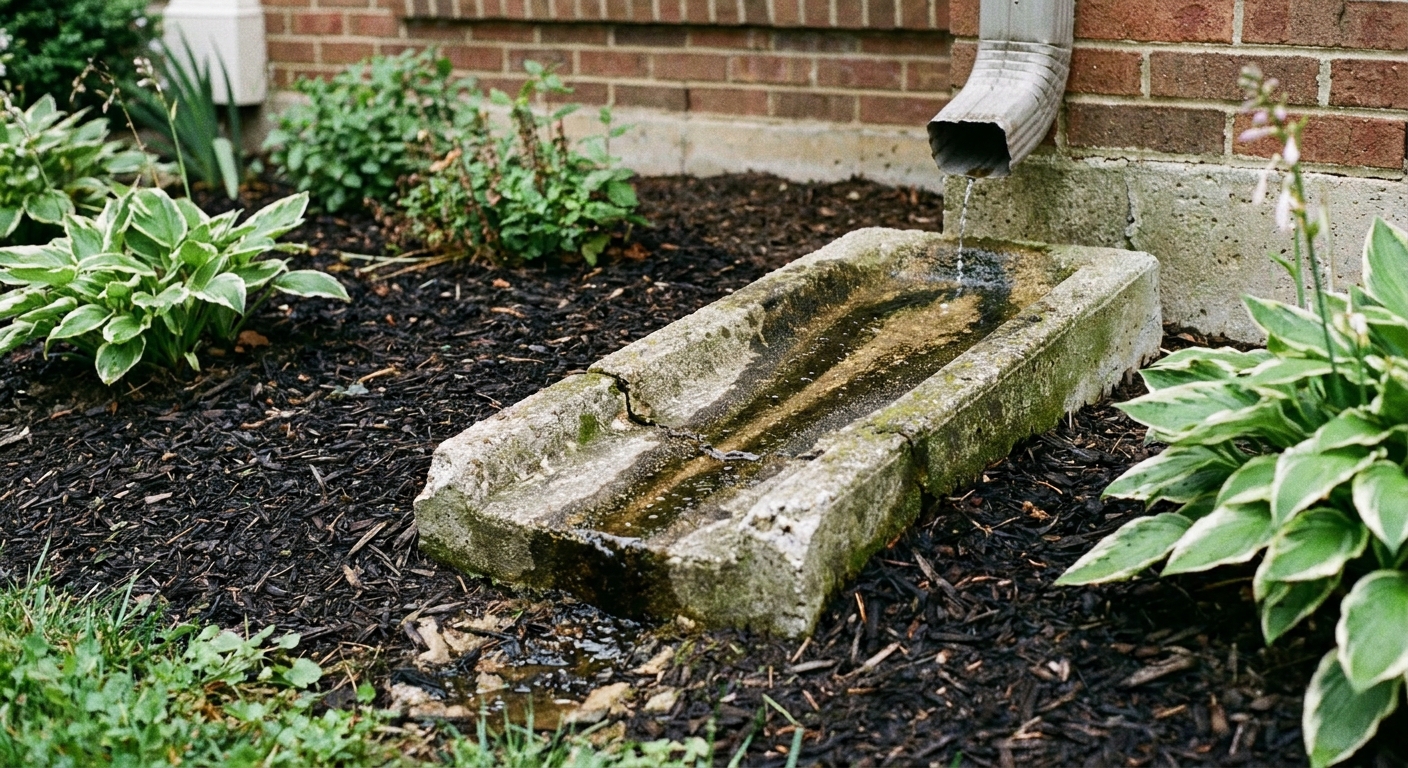A real photo of a concrete splash block placed under a downspout outlet next to a mulch bed, with water stains showing the flow direction