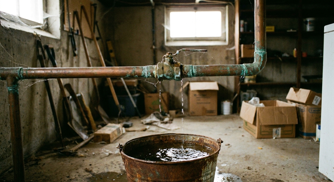 A real photo of a copper water line in a basement with a small shutoff valve and a bucket underneath while water drains
