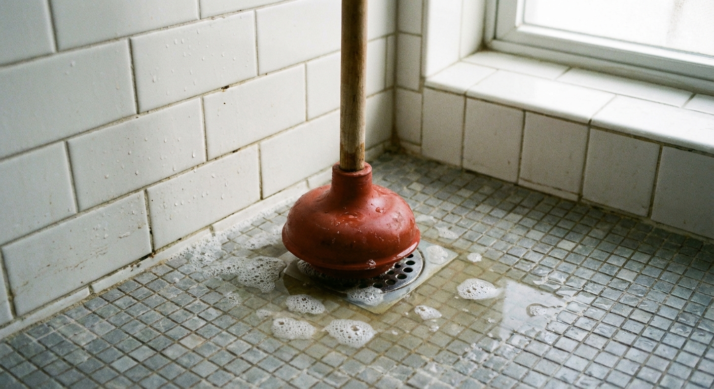 A real photo of a cup plunger positioned over a shower drain in a tiled shower with a small amount of water around it