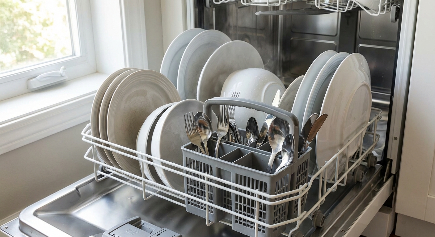 A real photo of a dishwasher bottom rack loaded with plates and a utensil basket, showing utensils separated and stable placement, natural indoor lighting