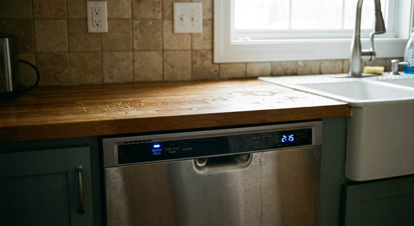 A real photo of a dishwasher control panel with normal wash selected and high temperature options not selected, in a home kitchen