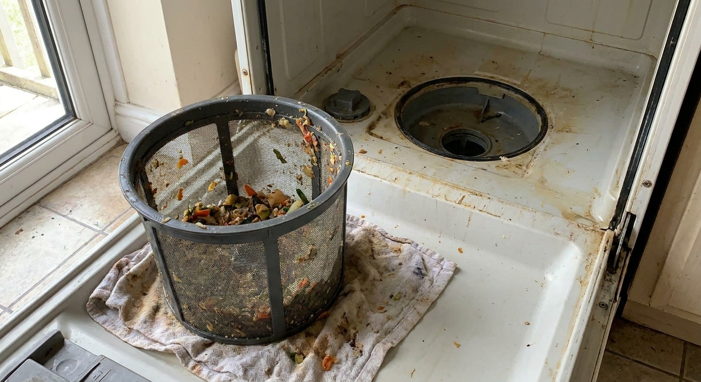 A real photo of a dishwasher interior with the bottom filter removed and set on a towel, showing food debris that needs cleaning