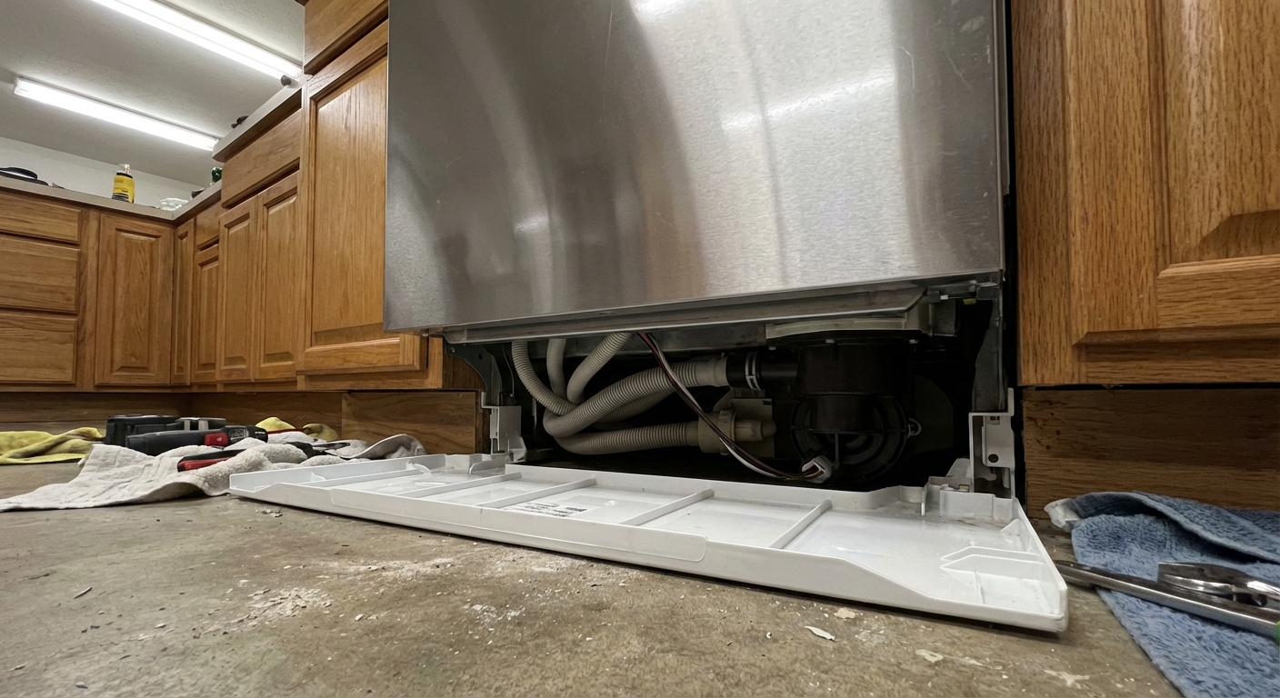 A real photo of a dishwasher pulled slightly out from under a counter with the lower access panel removed, showing the drain pump area and hoses under the unit, indoor workshop lighting