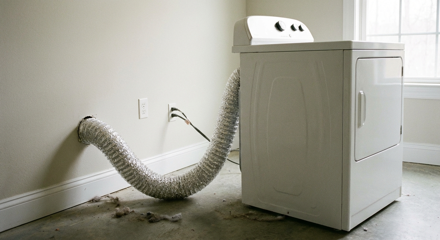 A real photo of a dryer pulled away from a wall showing a silver flexible vent hose connected to the back of the dryer, laundry room setting with baseboard and outlet visible