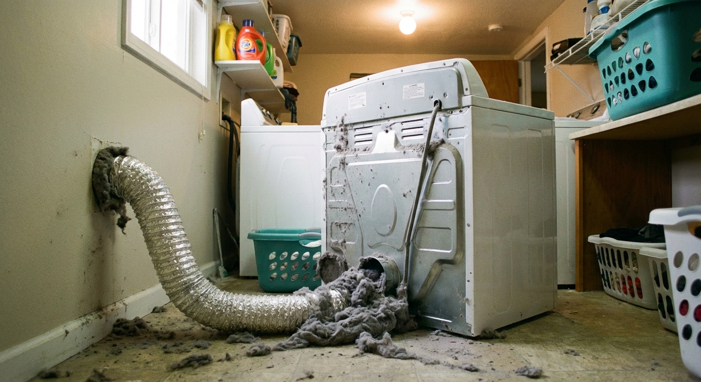 A real photo of a dryer pulled away from the wall with the vent hose disconnected, showing lint buildup near the connection point, indoor laundry room lighting