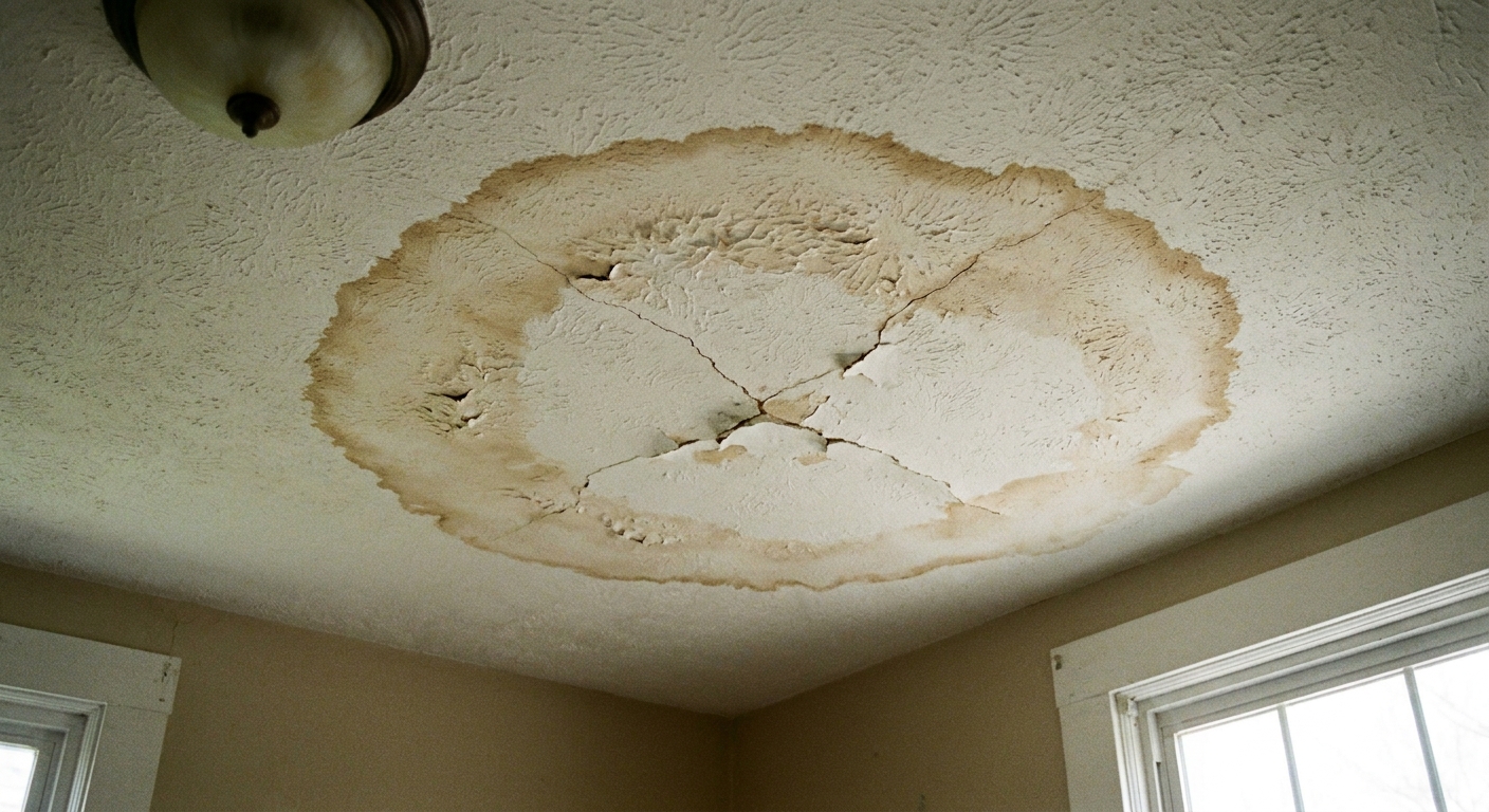 A real photo of a drywall ceiling with a brown water stain ring and a crack running through the stained area