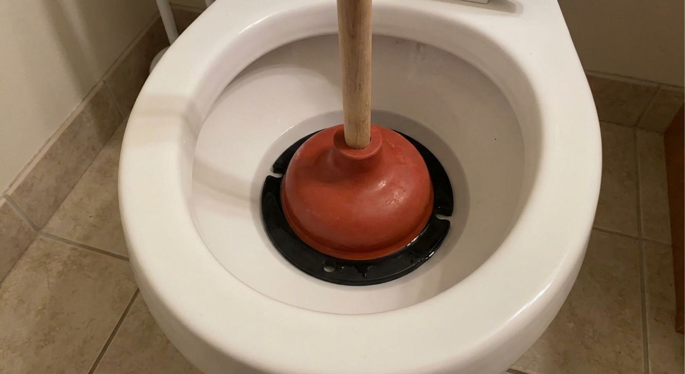 A real photo of a flange-style toilet plunger positioned in a toilet bowl with the rubber flange seated over the drain opening, bathroom floor visible, natural lighting