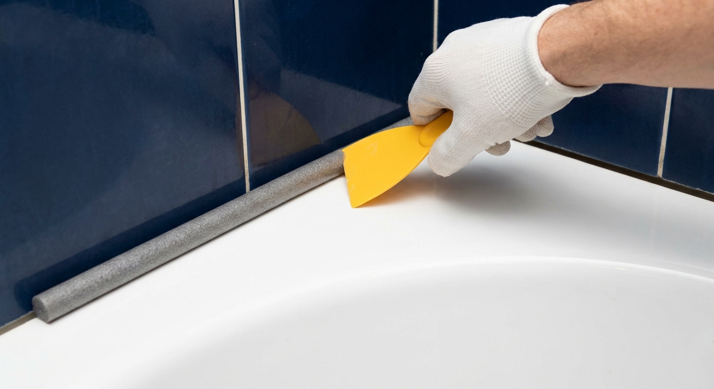 A real photo of a foam backer rod being pressed into a wide tub-to-wall gap using a plastic putty knife, with the joint clean and ready for silicone