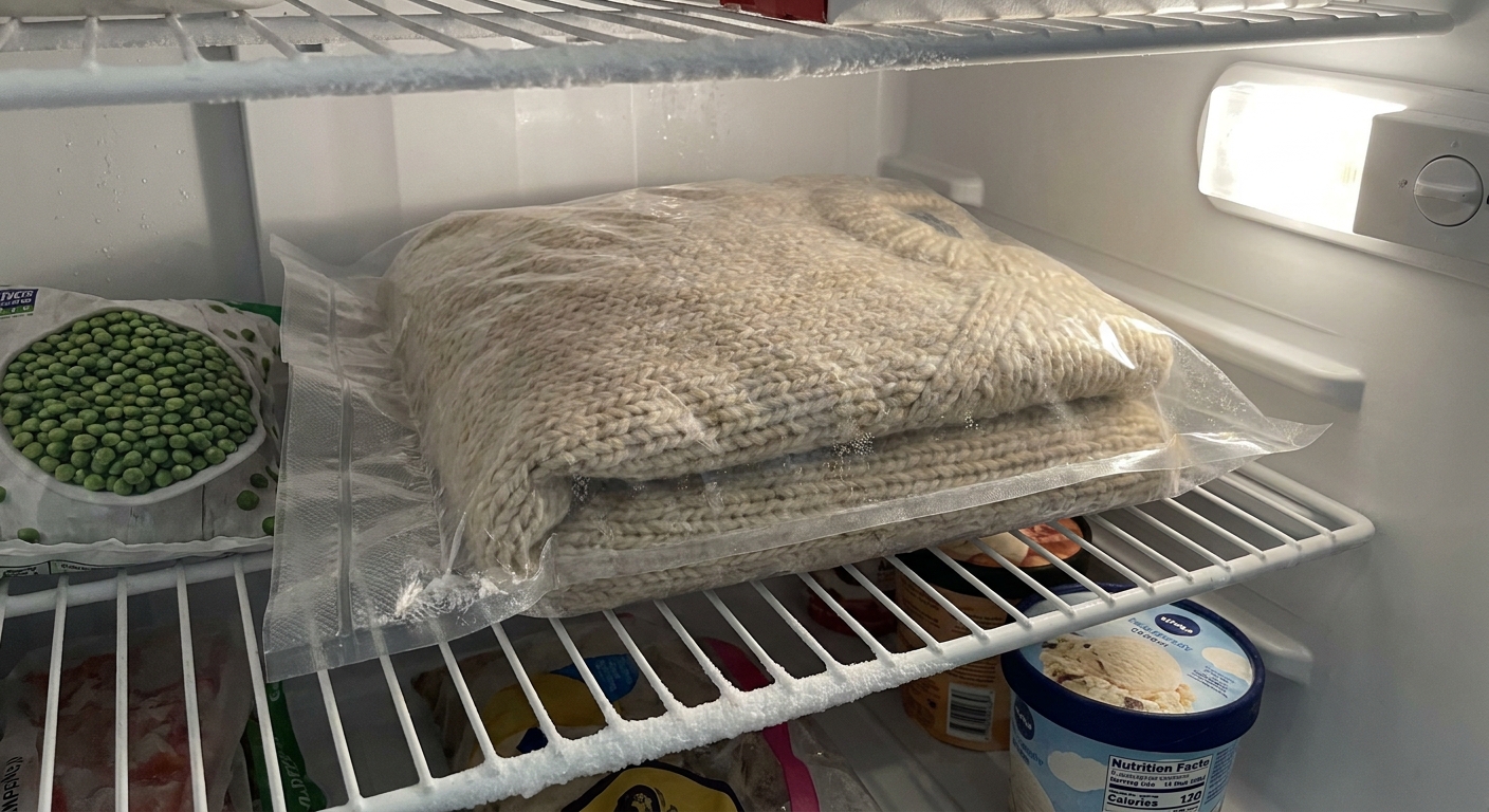 A real photo of a folded wool sweater sealed in a clear plastic bag resting on a freezer shelf in a home kitchen