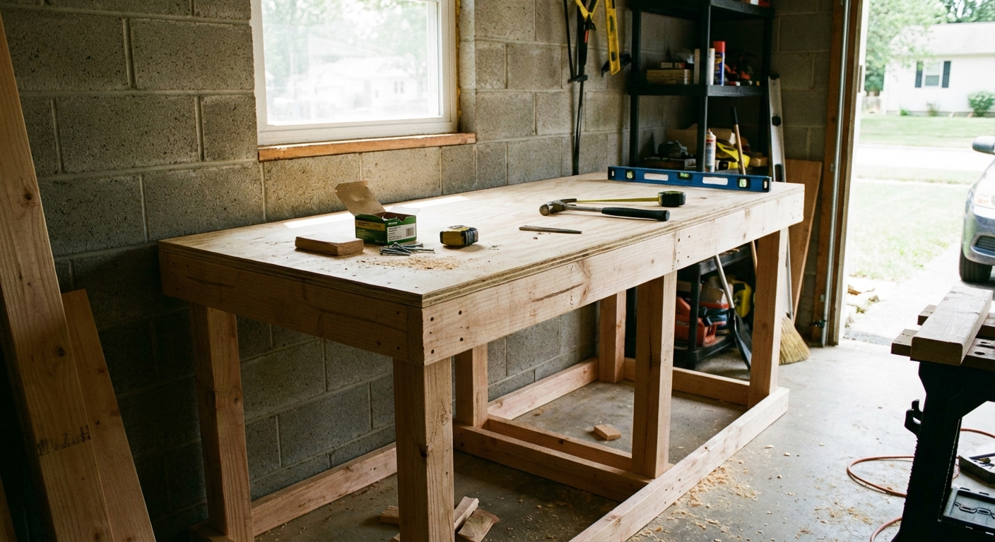 A real photo of a freshly built garage workbench made from 2x4 lumber and a plywood top, standing against a garage wall with basic tools on the surface, natural workshop lighting
