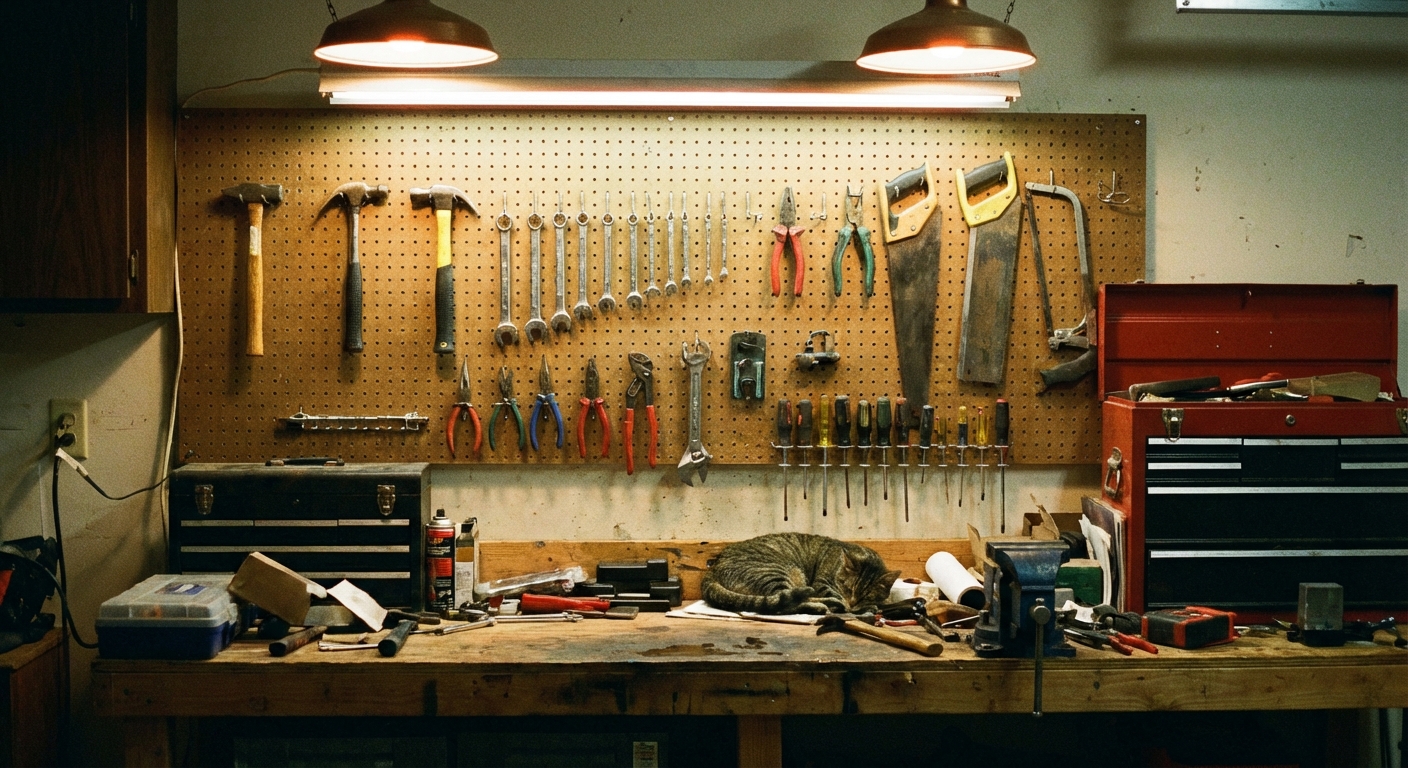 A real photo of a garage workbench with a pegboard mounted on the wall above it, with common hand tools hanging on hooks, warm overhead lighting