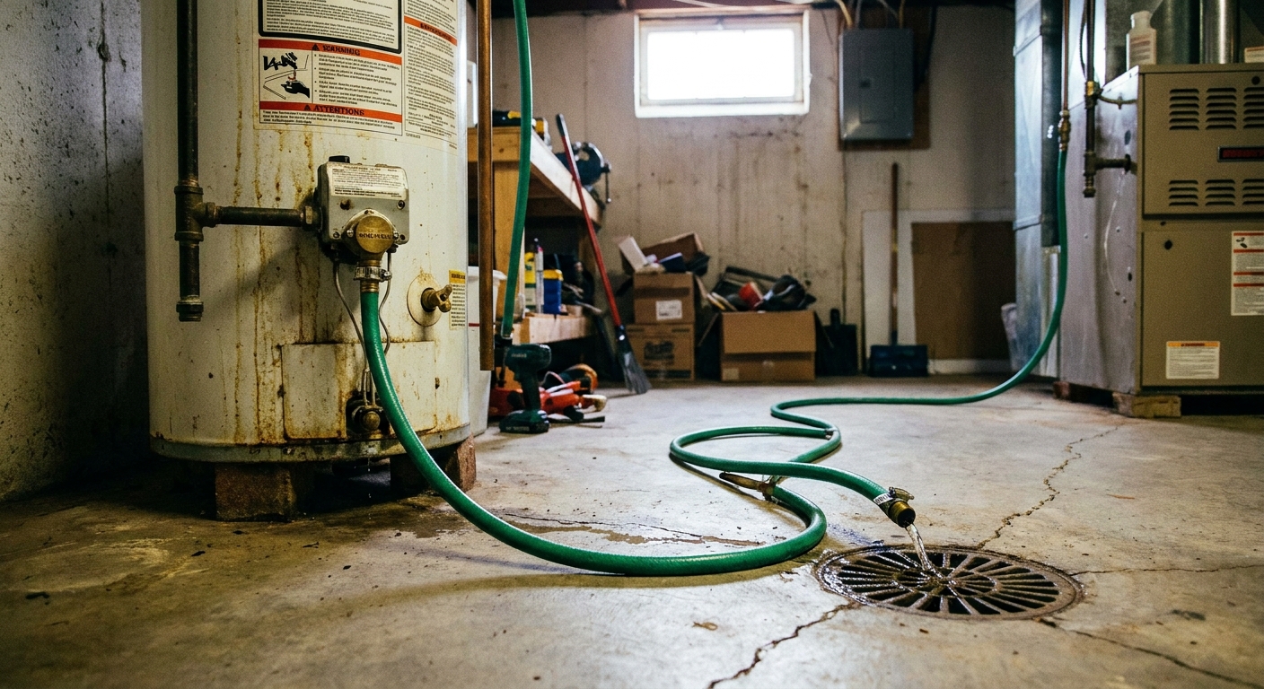 A real photo of a garden hose attached to the bottom drain valve of a residential water heater leading toward a floor drain
