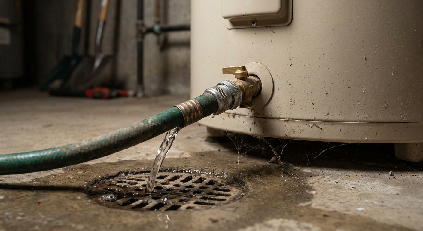 A real photo of a garden hose connected to a water heater drain valve with water flowing into a floor drain in a basement, close-up on the hose connection and valve
