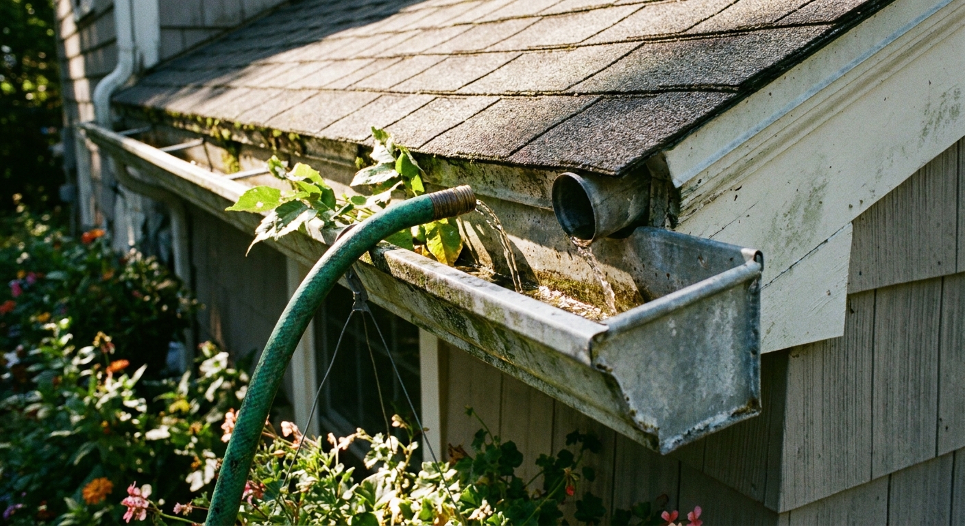 A real photo of a garden hose running a low stream of water into a roof gutter near a downspout opening on a sunny day