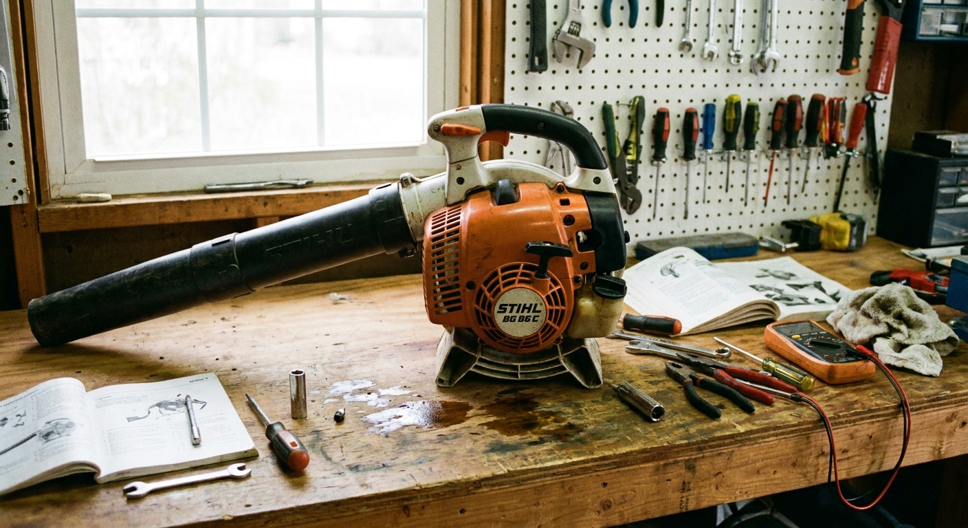 A real photo of a gas leaf blower on a garage workbench with basic hand tools nearby, ready for troubleshooting