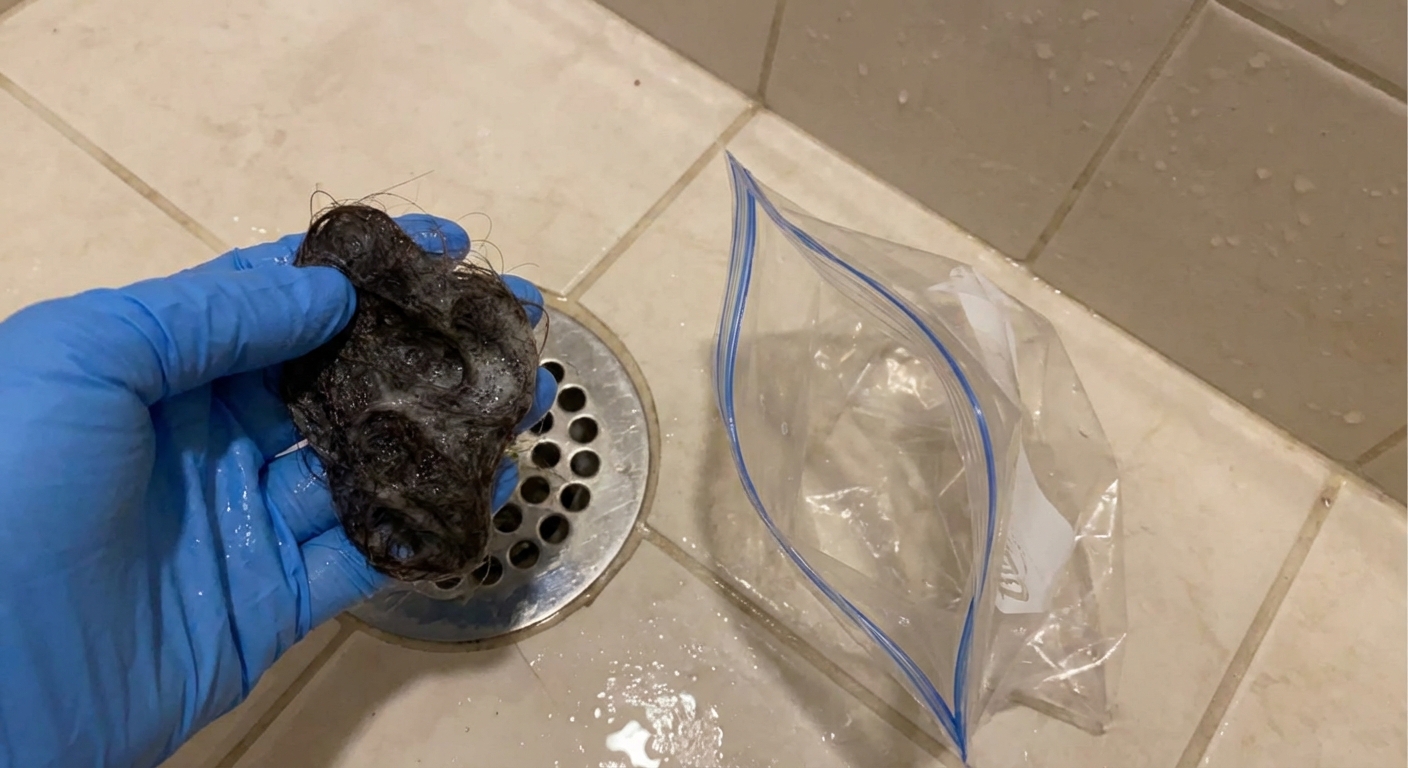A real photo of a gloved hand holding a clump of hair pulled from a shower drain next to an open plastic bag