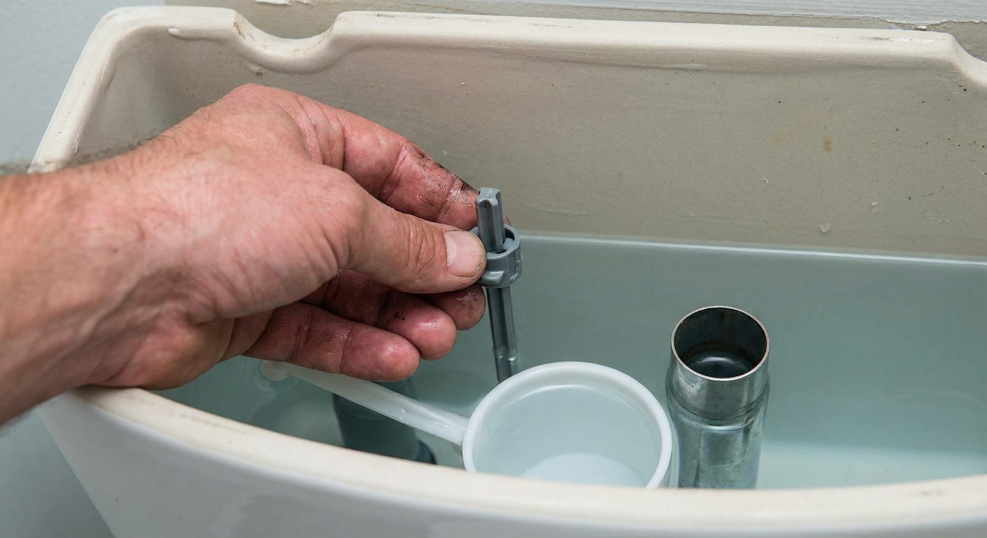 A real photo of a hand adjusting the height clip on a toilet fill valve inside an open tank, with the float visible